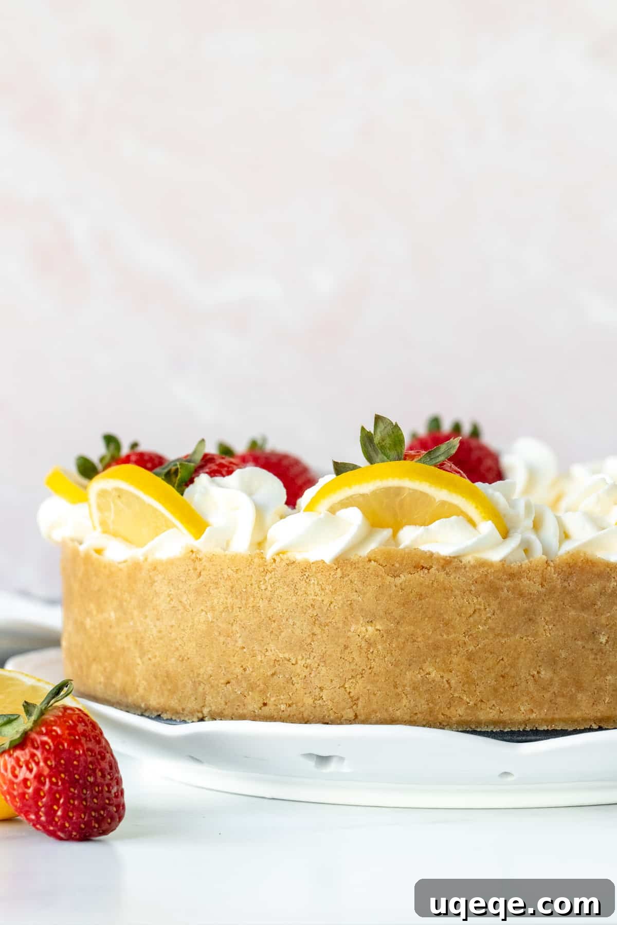 Sunshine Lemon No Bake Treat 3 A full 9-inch round no-bake lemon cheesecake showcasing its golden graham cracker crust around the edges and a perfectly smooth, pale yellow filling.