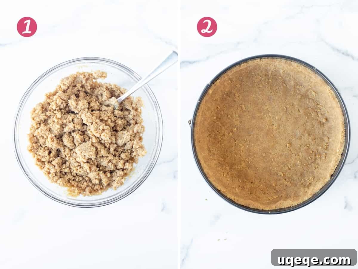 Sunshine Lemon No Bake Treat 4 A bowl filled with the graham cracker crust mixture, and a springform pan with the crust pressed firmly into the bottom and sides.