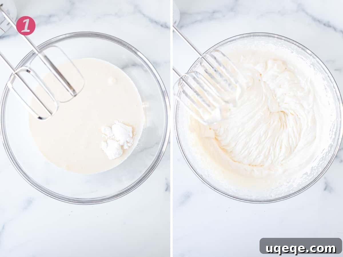 Sunshine Lemon No Bake Treat 5 Two bowls: one with whipping cream and a tablespoon of powdered sugar, and another with perfectly stiff, fluffy whipped cream.