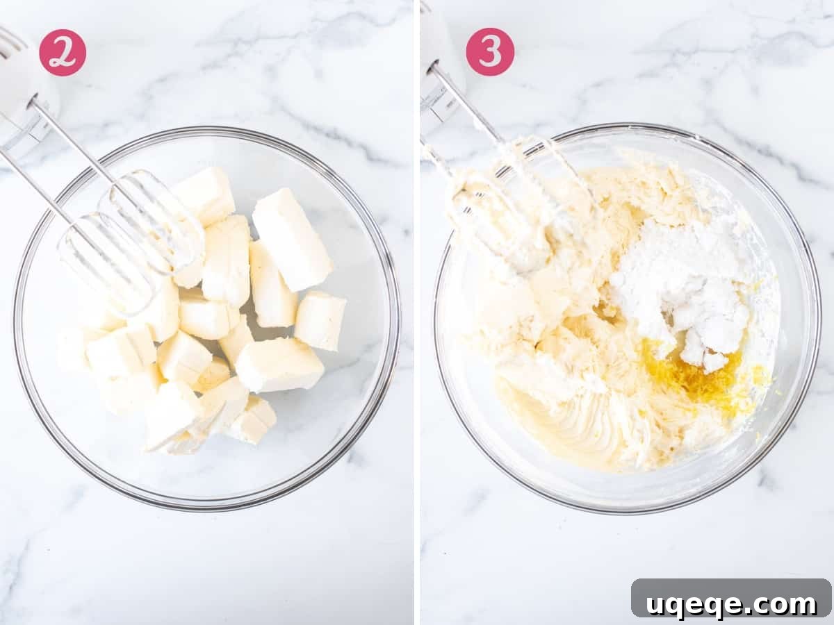 Sunshine Lemon No Bake Treat 6 Two bowls: one containing plain cream cheese, and another showing beaten cream cheese combined with powdered sugar, lemon juice, and lemon zest, smooth and ready for the next step.