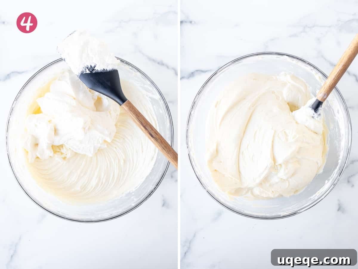 Sunshine Lemon No Bake Treat 7 A two-part image demonstrating the gentle folding technique: whipped cream being folded into the cream cheese mixture with a rubber spatula, showing the gradual incorporation.