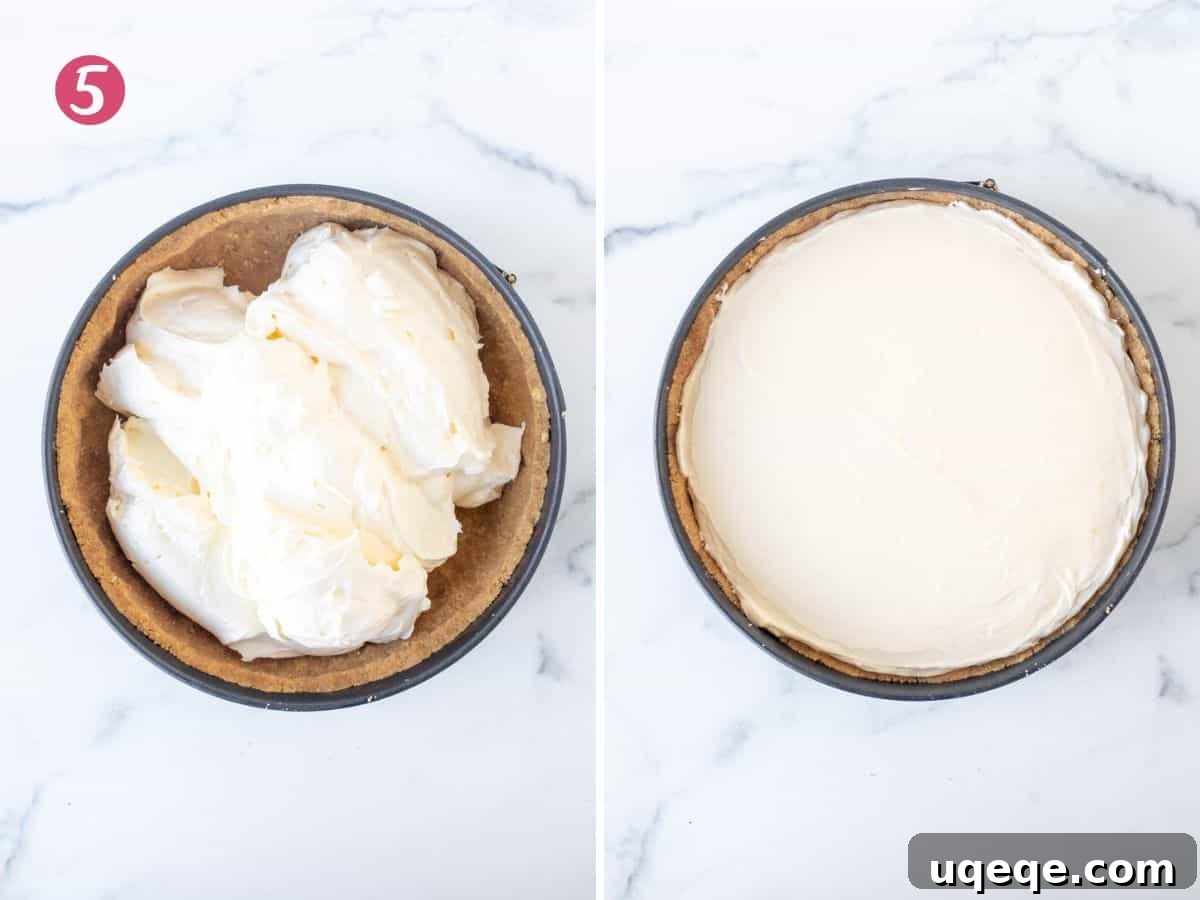 Sunshine Lemon No Bake Treat 8 A springform pan filled with the creamy no-bake lemon cheesecake filling, smoothed perfectly over the graham cracker crust.