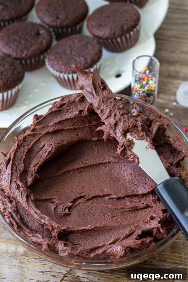 Bite-Sized Chocolate Bliss 5 Fluffy chocolate frosting is the perfect topping for these mini chocolate cupcakes