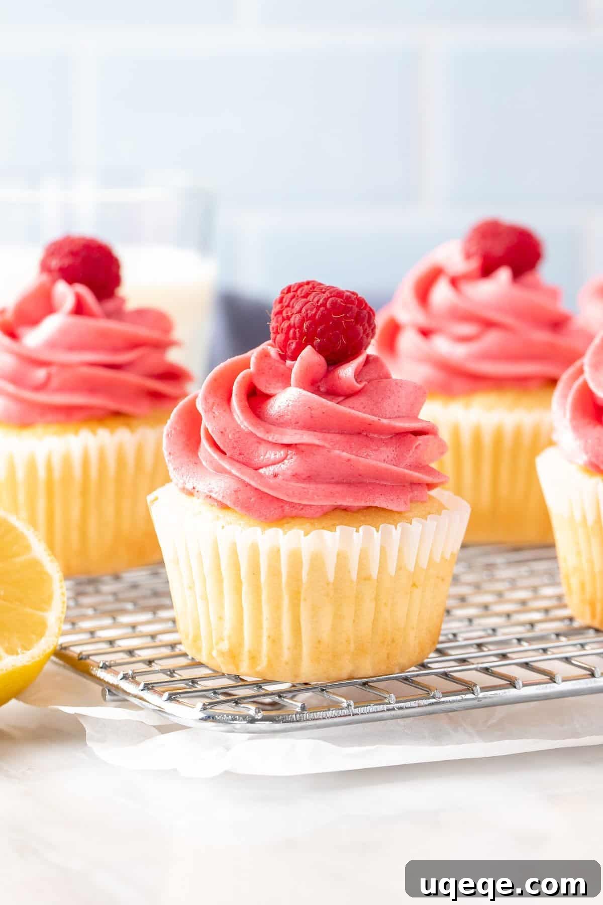 Zesty Raspberry Lemon Cupcakes 2 Lemon raspberry cupcakes on a wire cooling rack