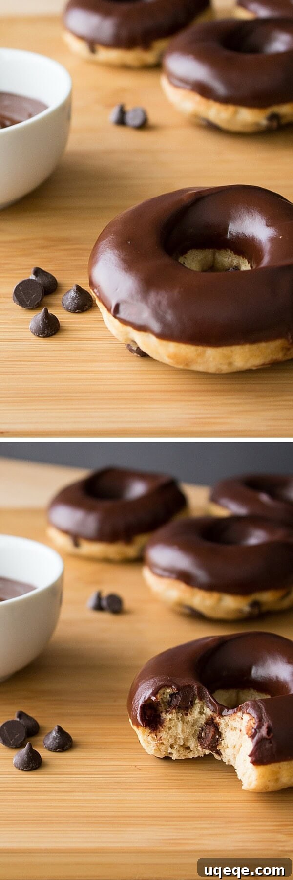 Choc-Chip Doughnut Bliss 5 Piping chocolate chip doughnut batter into a doughnut pan using a ziplock bag for perfect shapes. The batter is ready for baking delicious cake doughnuts.
