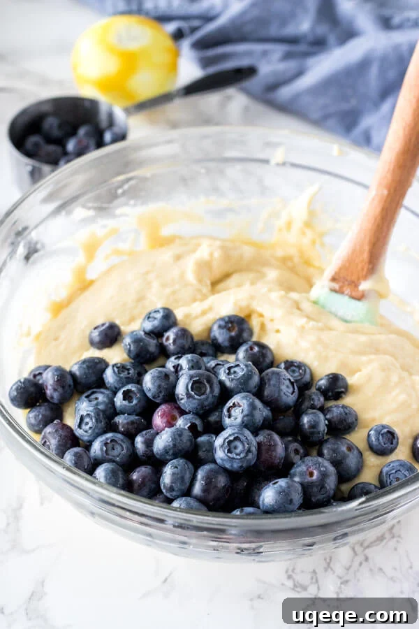 A bowl of thick, slightly lumpy blueberry bread batter before the blueberries are folded in, showcasing its rich texture.