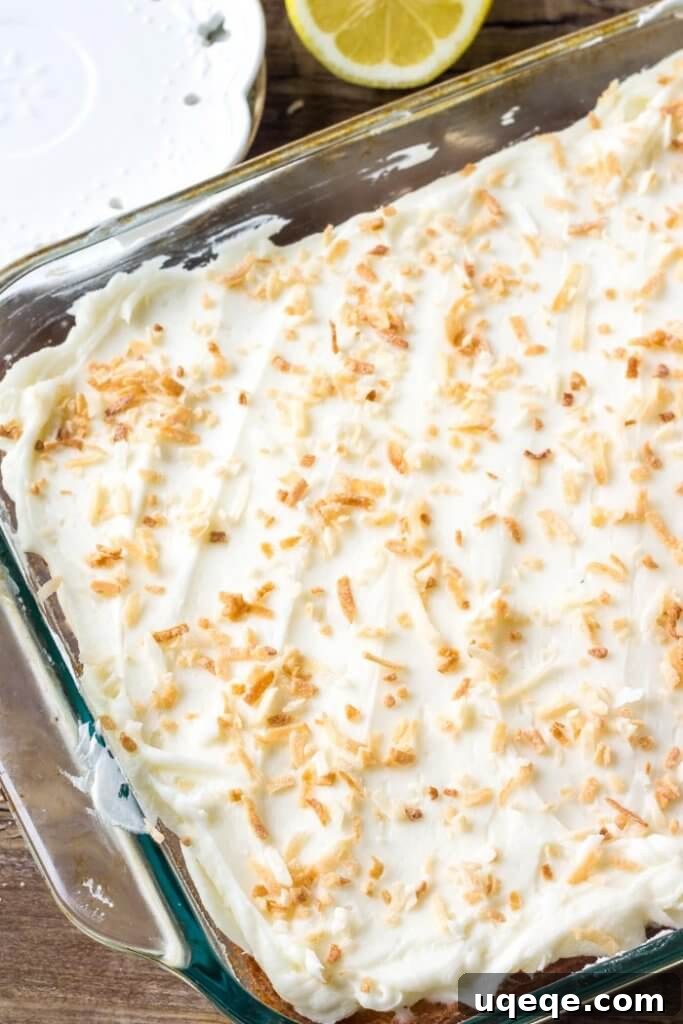 Sunshine Lemon Coconut Delight 3 Lemon cake with coconut frosting is moist, tender and filled with fresh lemon flavor.