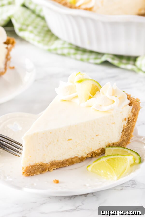 A slice of no bake key lime pie topped with whipped cream and a slice of lime.