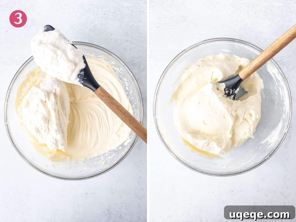 Strawberry Dream Cheesecake 6 2 bowls - showing folding whipped cream into cream cheese mixture.