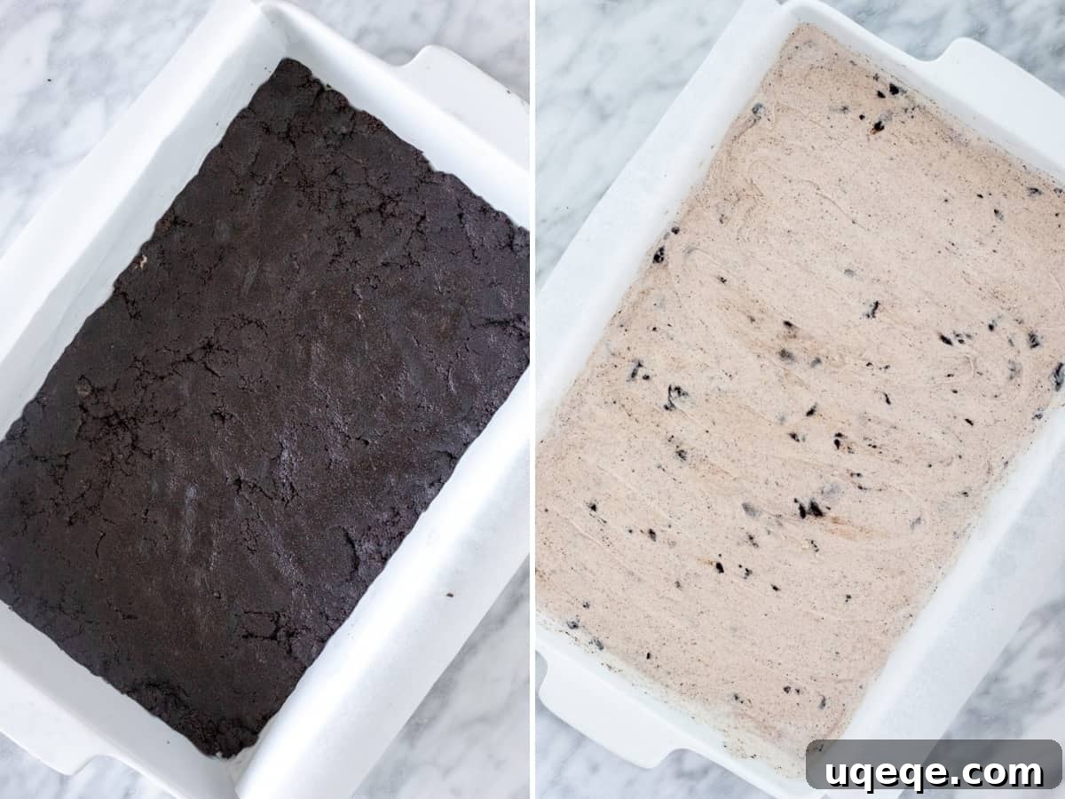 A collage showing two stages of the Oreo ice cream cake preparation: the crushed cookie crust and the smoothed layer of ice cream on top.