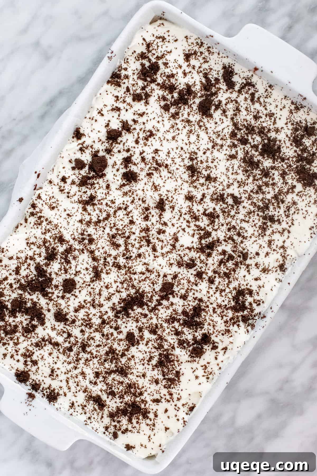 The assembled Oreo ice cream cake in a pan, ready for its final chill.
