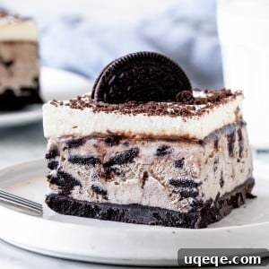 Slice of Oreo ice cream cake.