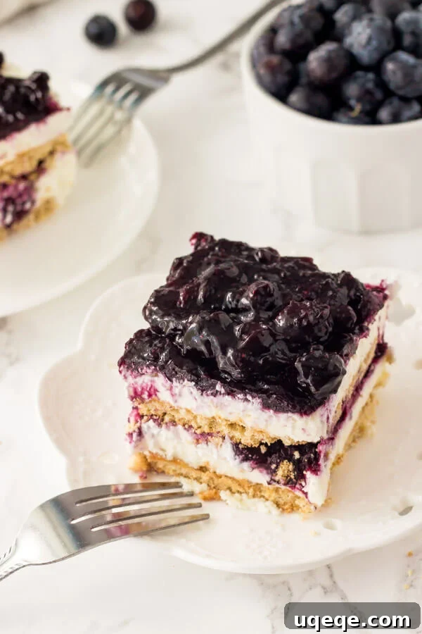 Blueberry Icebox Cake with layers of graham crackers, sweet cream cheese filling, and juicy blueberries.