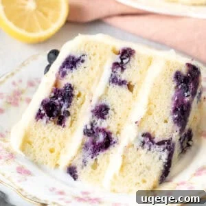Slice of lemon blueberry cake on a plate