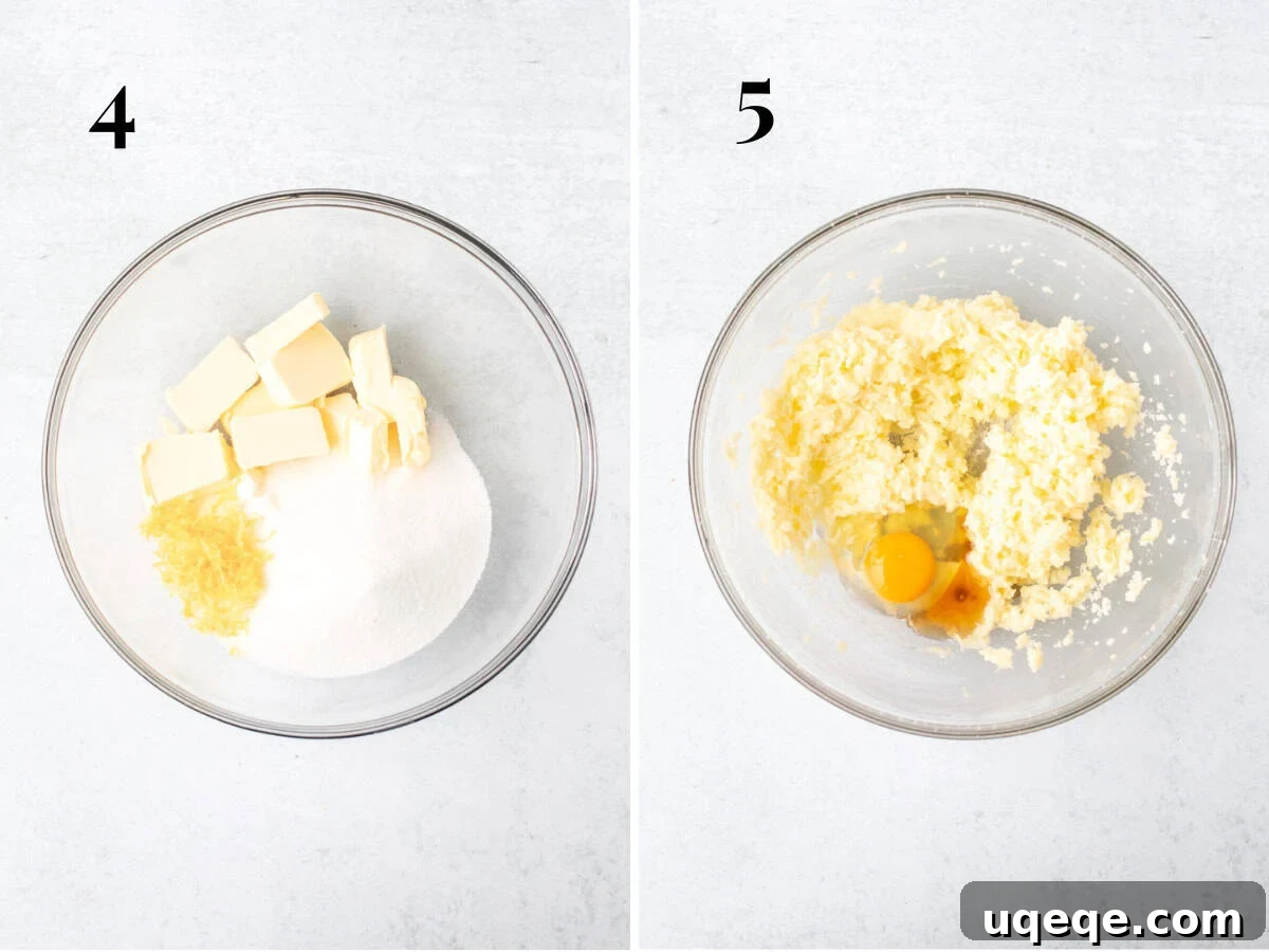 Sunshine Lemon Blueberry Cake 5 Photo illustrating the process of creaming butter, sugar, and lemon zest, followed by another bowl showing eggs and vanilla extract being incorporated into the mixture.