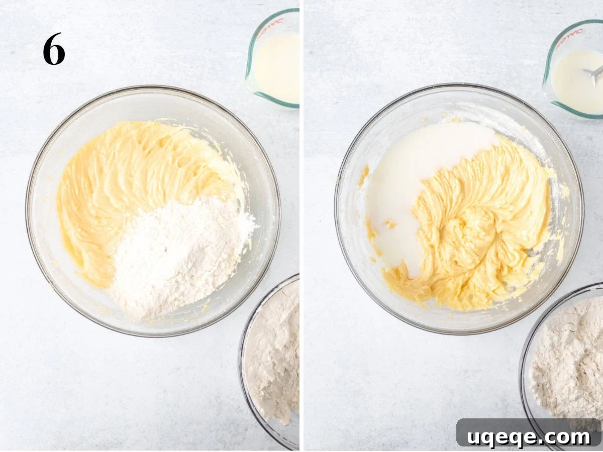 Sunshine Lemon Blueberry Cake 6 Visual guide showing dry ingredients being added to the cake batter, followed by a bowl where milk is incorporated, demonstrating the alternating mixing technique.