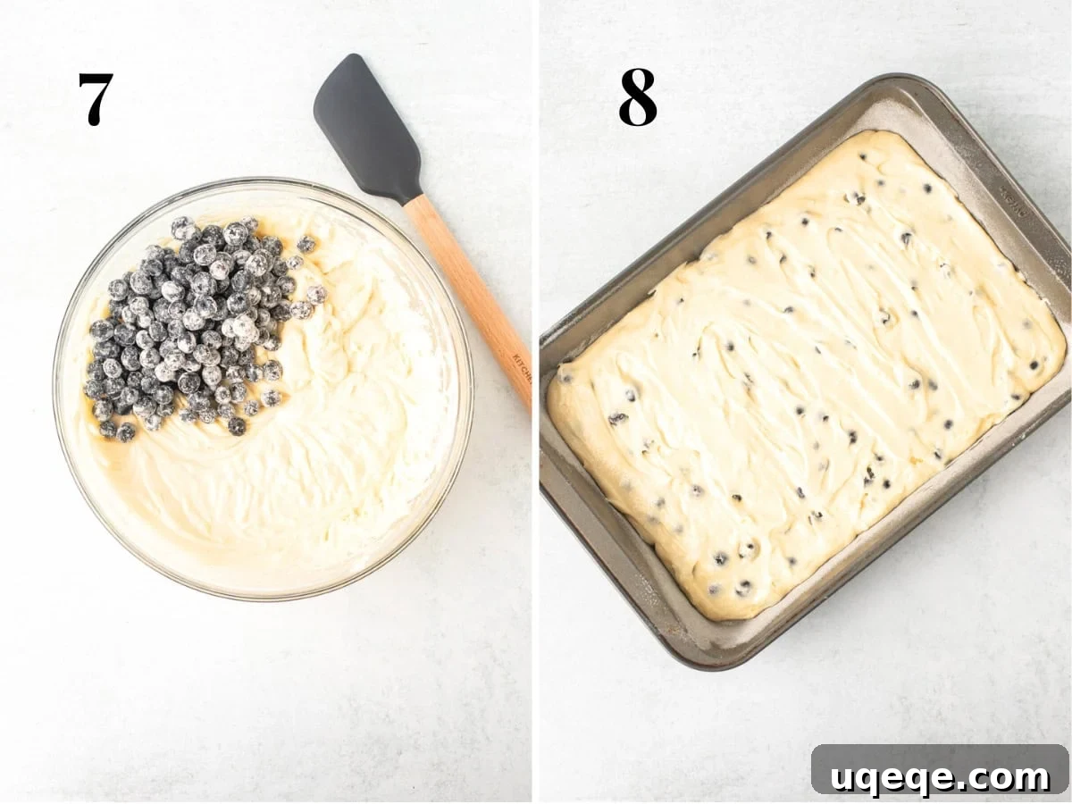 Sunshine Lemon Blueberry Cake 7 A bowl of vibrant lemon cake batter with flour-tossed blueberries, next to a prepared baking pan filled with the batter, ready for the oven.