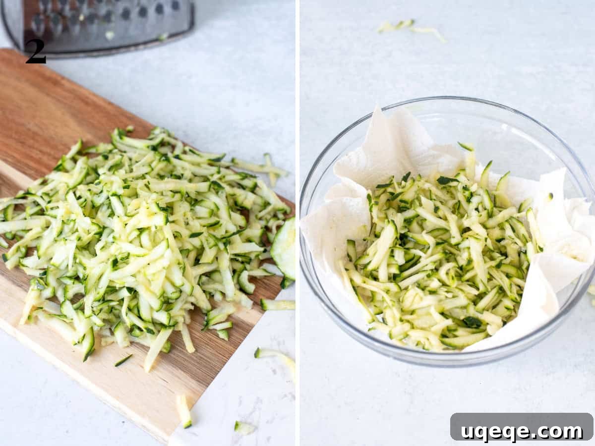 Moist Zucchini Delights with Creamy Dream Frosting 4 Freshly grated zucchini on paper towels, demonstrating the blotting process to remove excess moisture for baking.