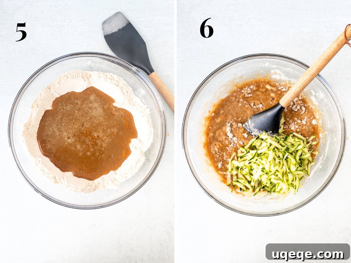 Moist Zucchini Delights with Creamy Dream Frosting 6 Progression photos showing dry ingredients, wet ingredients being poured in, and then the batter about 70% combined with grated zucchini folded in.