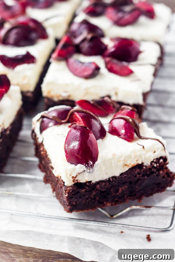 Forget black forest cake - make black forest brownies instead. So fudgy and topped with fresh cherries. 