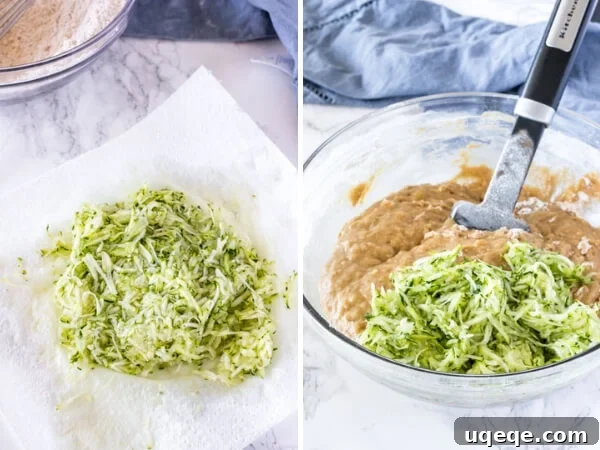 Garden Fresh Zucchini Banana Loaf 5 Side by side photos demonstrating the process of making zucchini banana bread. The first image shows grating zucchini and blotting excess water with a paper towel. The second image shows gently folding the grated zucchini into the batter.