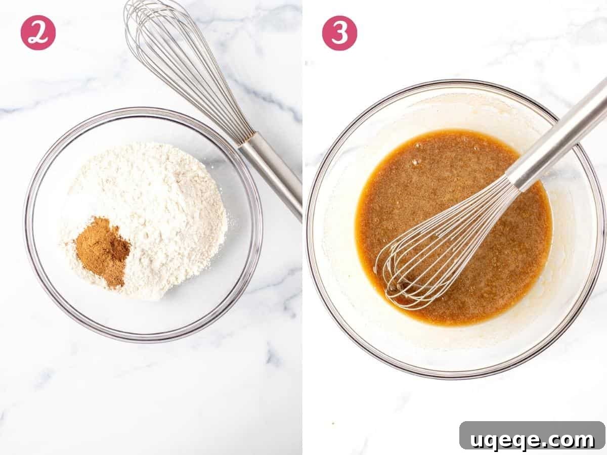 Two bowls: one with dry ingredients (flour, spices) and another with wet ingredients (melted butter, sugar, eggs, milk) ready to be combined for apple cupcakes.