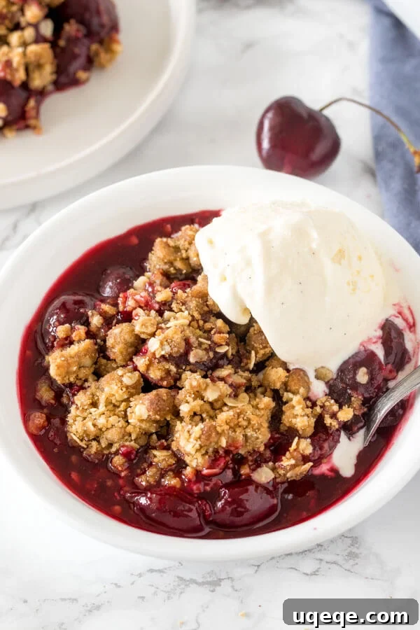 Crisp Cherry Bake 2 A bowl of cherry crisp with a golden brown sugar oatmeal topping and a melting scoop of vanilla ice cream, ready to be enjoyed.