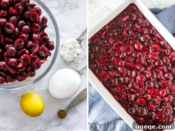 Crisp Cherry Bake 3 Two side-by-side photos illustrating the process of making cherry pie filling for cherry crisp. The left image displays raw ingredients, while the right shows the thickened cherry mixture after simmering on the stovetop.