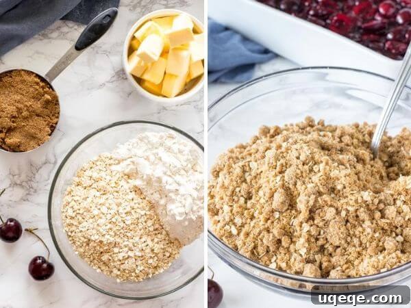 Crisp Cherry Bake 4 Two step-by-step photos demonstrating how to prepare the crumble topping for cherry crisp. The right photo shows the dry ingredients, while the left photo captures the buttery crumble mixture just before it's sprinkled over the cherry layer.