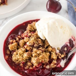 A bowl of cherry crisp with brown sugar oatmeal topping and a scoop of vanilla ice cream.