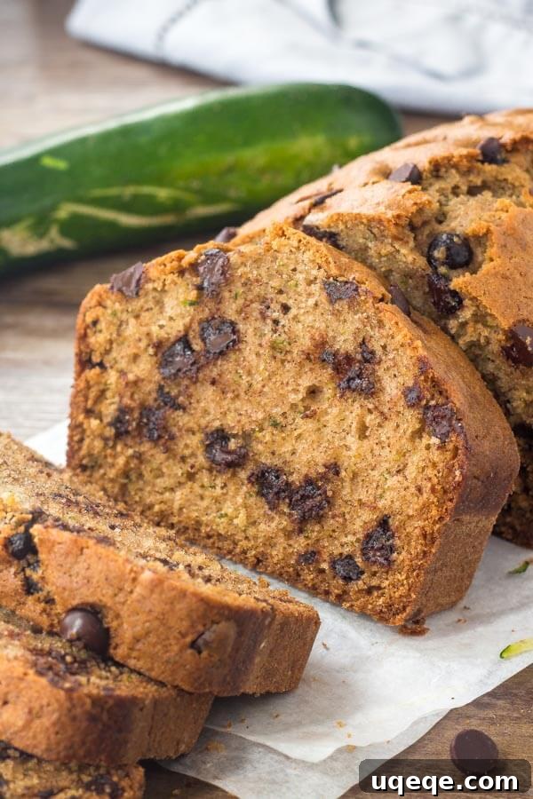 Decadent Chocolate Chip Zucchini Loaf 2 Incredibly moist and tender chocolate chip zucchini bread, generously filled with chocolate chips. A perfect way to use up garden zucchini.