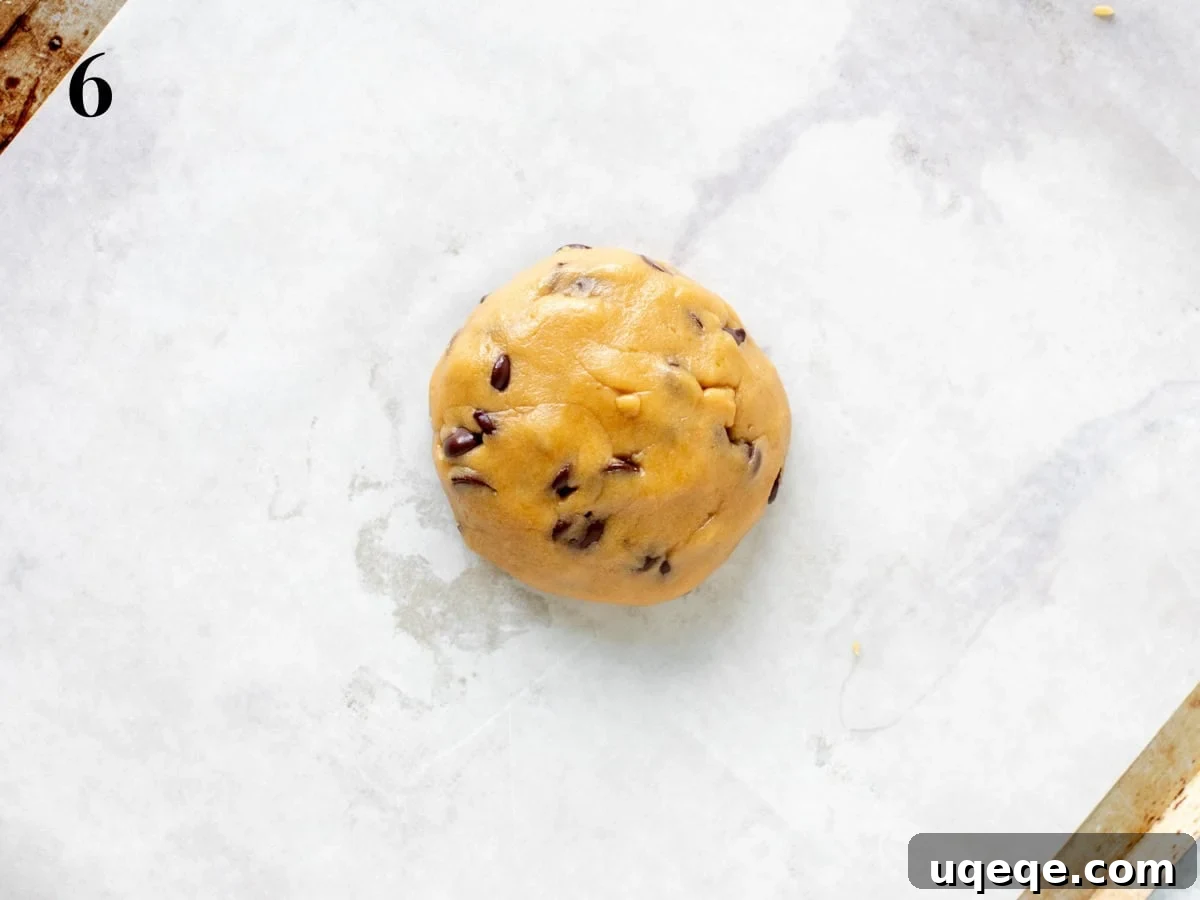 My Personal Chocolate Chip Cookie Indulgence 7 A beautifully shaped, single ball of chocolate chip cookie dough resting perfectly centered on a parchment-lined baking sheet, prepared and ready to be placed into the preheated oven for baking.