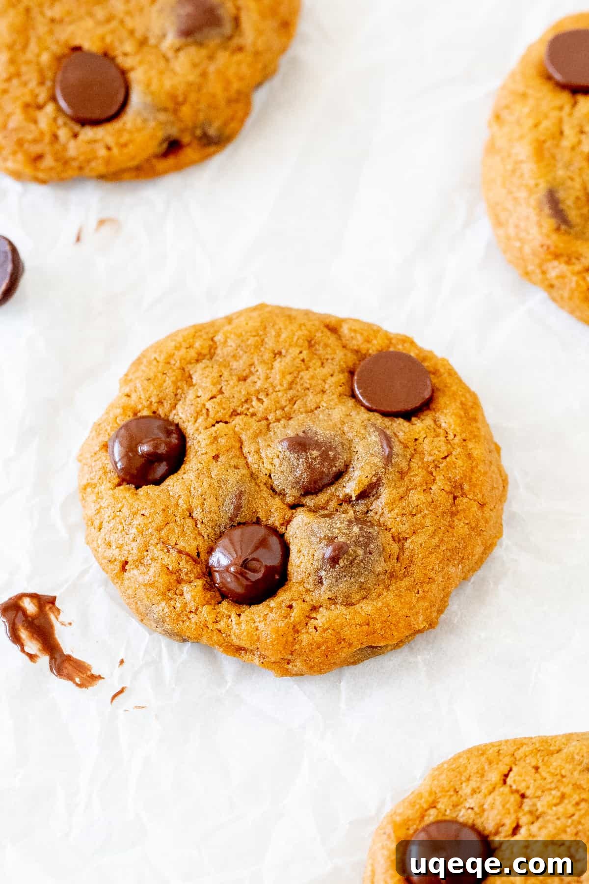 Soft-Baked Pumpkin Chocolate Chip Delights 2 A visually appealing stack of soft and chewy pumpkin chocolate chip cookies on parchment paper, adorned with extra chocolate chips.