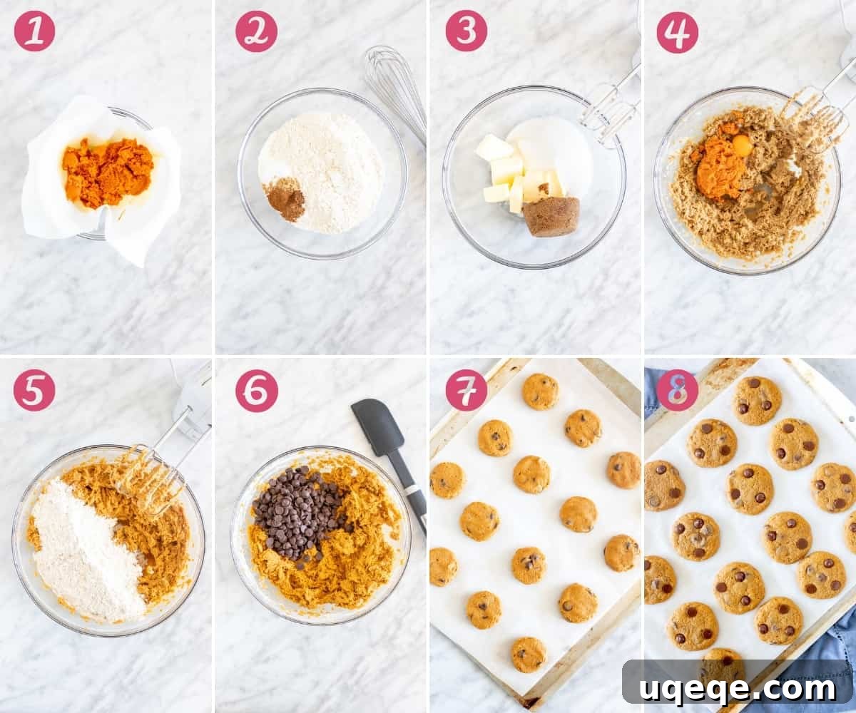 Soft-Baked Pumpkin Chocolate Chip Delights 4 A visual guide showing the progression of making pumpkin chocolate chip cookies: mixing, scooping, flattening dough, and the final baked result.