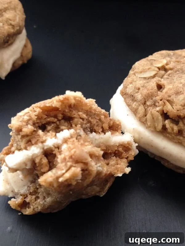 Nutty Brown Butter Oatmeal Sandwich Cookies 3 Close-up of Oatmeal Sandwich Cookies with Frosting