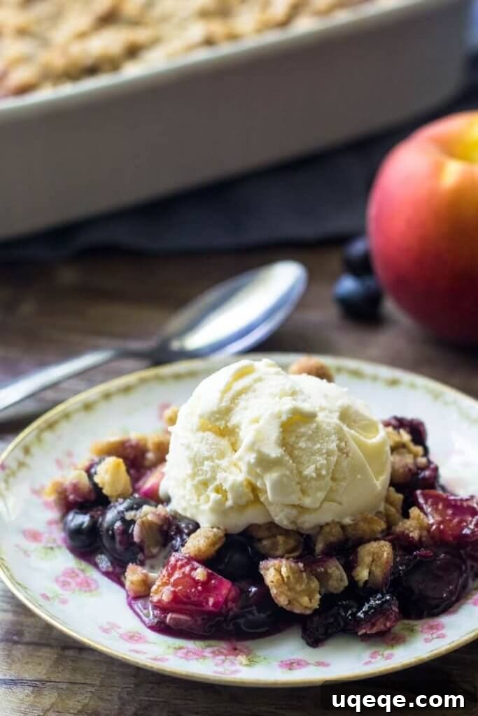 Sun-Kissed Peach and Blueberry Crumble 3 A close-up shot of a single serving of blueberry peach crumble, generously topped with a dollop of vanilla ice cream, highlighting the warm, bubbling fruit and crunchy streusel.