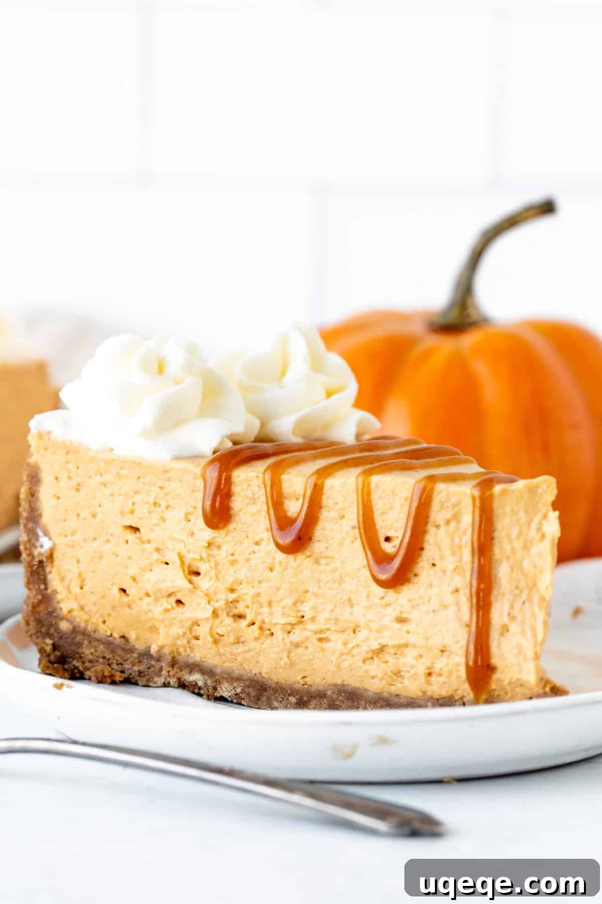 Velvety No-Bake Pumpkin Cheesecake 2 A delectable slice of no-bake pumpkin cheesecake, beautifully topped with a swirl of whipped cream and a delicate drizzle of caramel sauce, ready to be enjoyed.