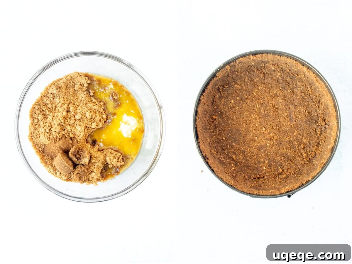 Velvety No-Bake Pumpkin Cheesecake 4 Ingredients for cinnamon graham cracker crust: graham crumbs, brown sugar, cinnamon, and melted butter are presented in separate bowls, ready for mixing.