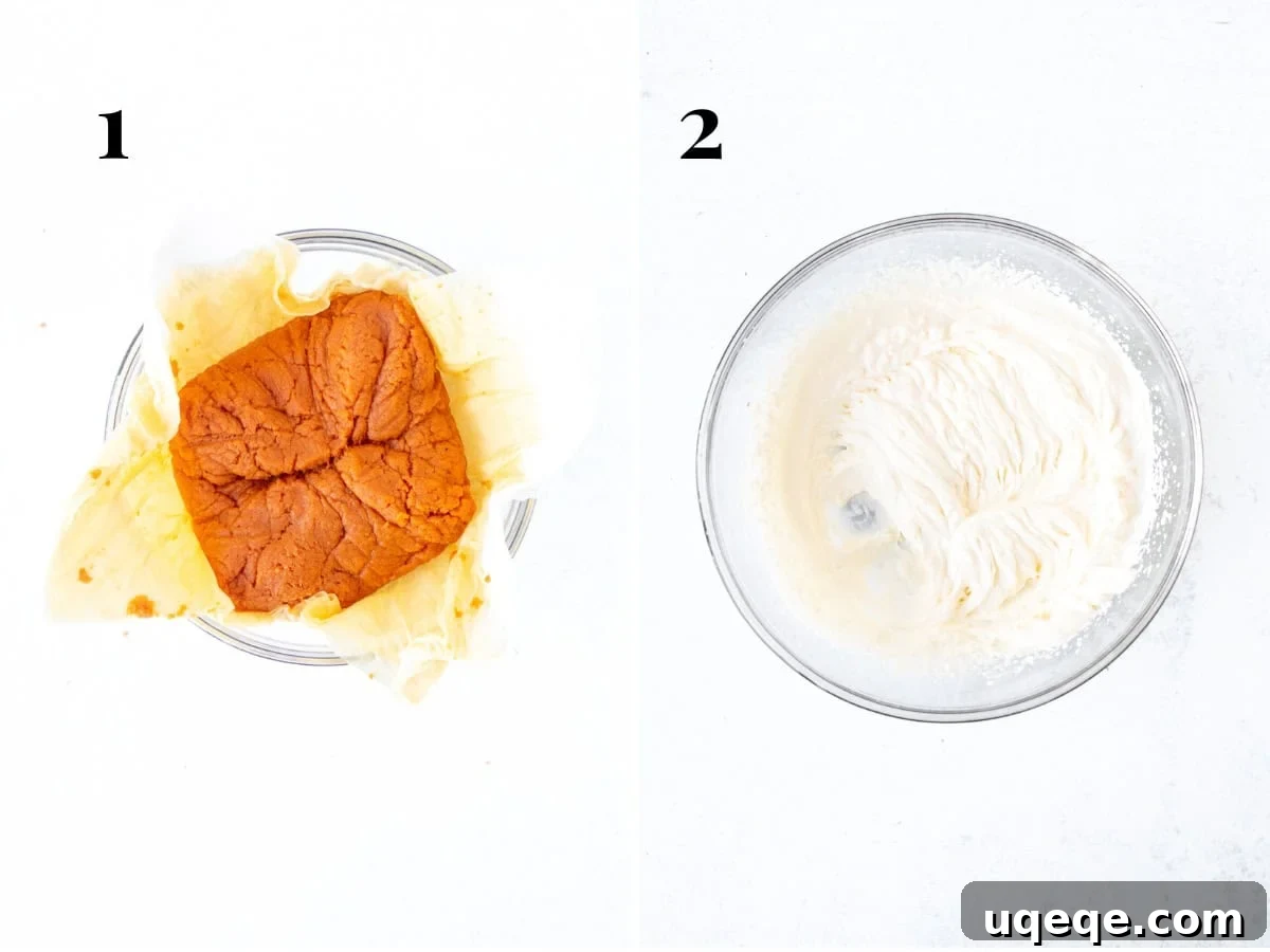 Velvety No-Bake Pumpkin Cheesecake 5 Two bowls are shown: one contains blotted pumpkin puree, visibly drier, and the other holds perfectly whipped cream with stiff peaks, both prepared for the cheesecake filling.