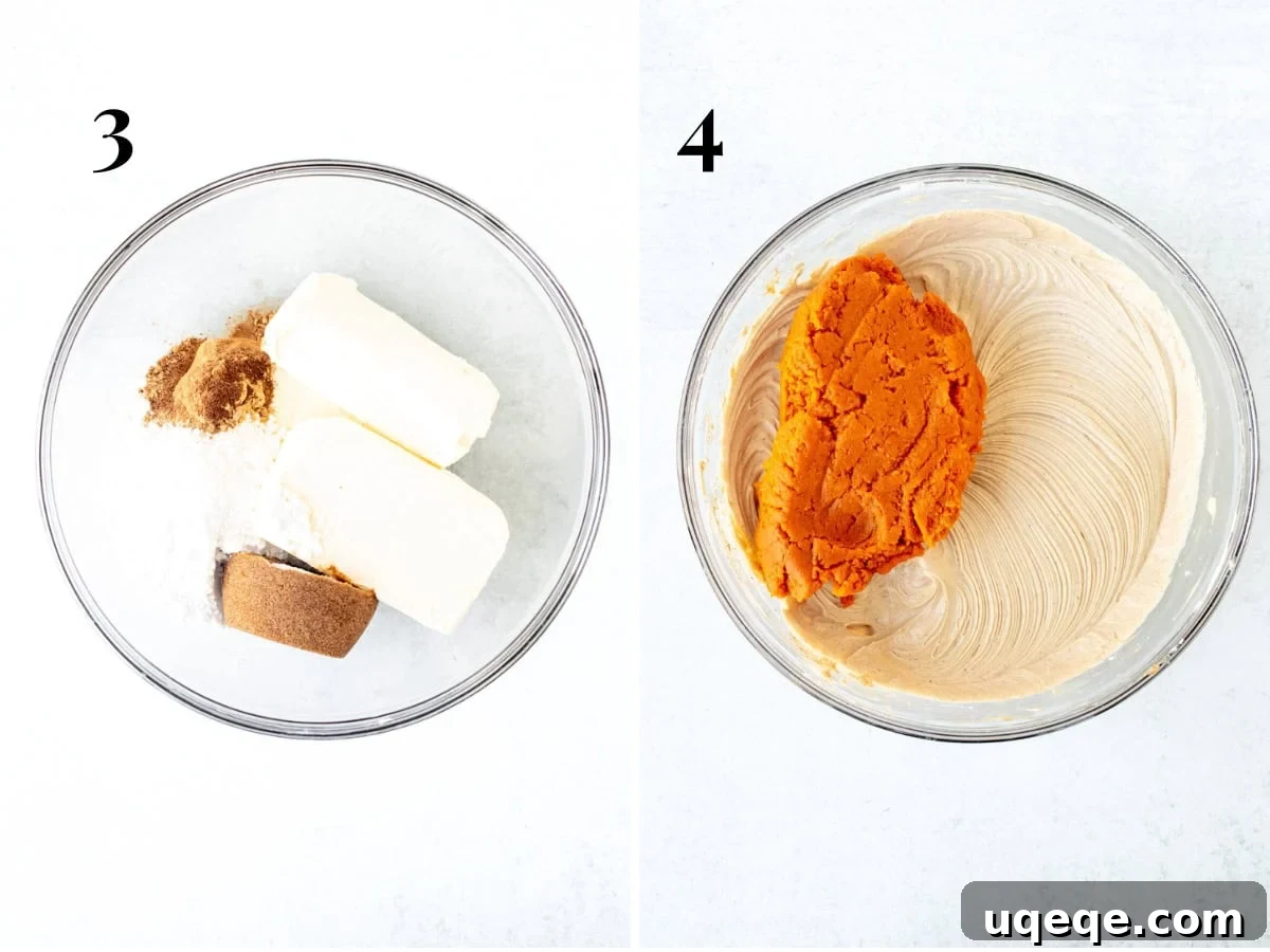 Velvety No-Bake Pumpkin Cheesecake 6 Two images side-by-side: first, a bowl with cream cheese, sugars, and spices before mixing; second, the same bowl after ingredients are beaten together and pumpkin puree has been smoothly incorporated, showing a creamy, light orange mixture.