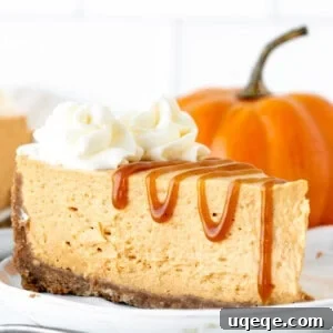 Slice of no bake pumpkin cheesecake topped with whipped cream and a drizzle of caramel sauce