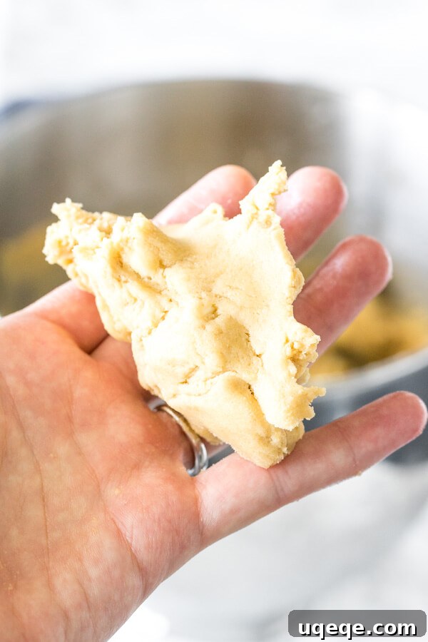 Close-up of perfectly textured white chocolate chip cookie dough being squeezed in a palm, demonstrating its ideal soft, pliable, and slightly sticky consistency.