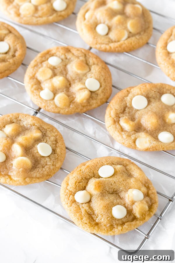 Decadent White Chocolate Chip Cookies 5 Freshly baked white chocolate chip cookies beautifully arranged on a wire cooling rack, showing their perfect golden bottoms and inviting soft centers.