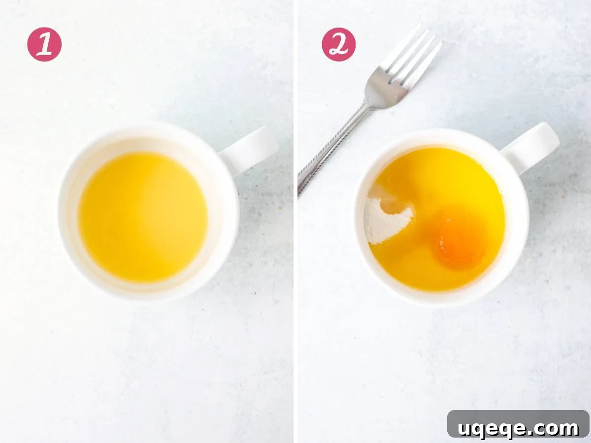 Easy Vanilla Mug Cake 4 Mug with melted butter, and mug with melted butter, egg yolk, sugar, and milk
