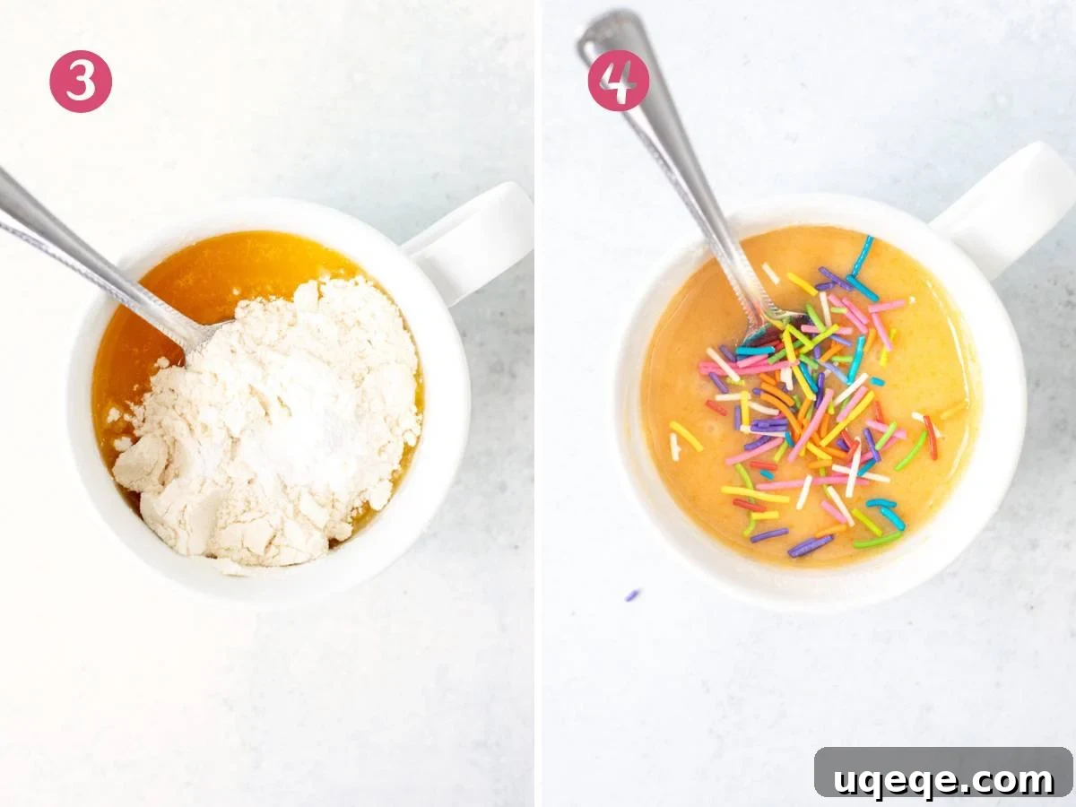Easy Vanilla Mug Cake 5 Unbaked mug cake with dry ingredients added in, and unbaked mug cake with sprinkles
