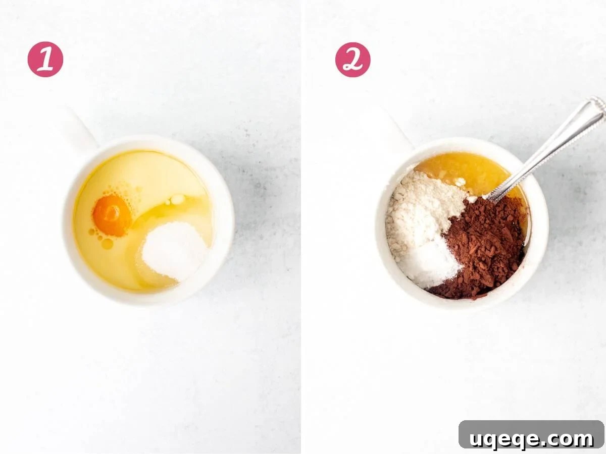 Fudgy Chocolate Mug Treat 3 First image shows a cup with whisked wet ingredients (milk, egg yolk, sugar, oil). Second image shows the same cup with dry ingredients (flour, cocoa, baking powder) added and ready to be whisked.