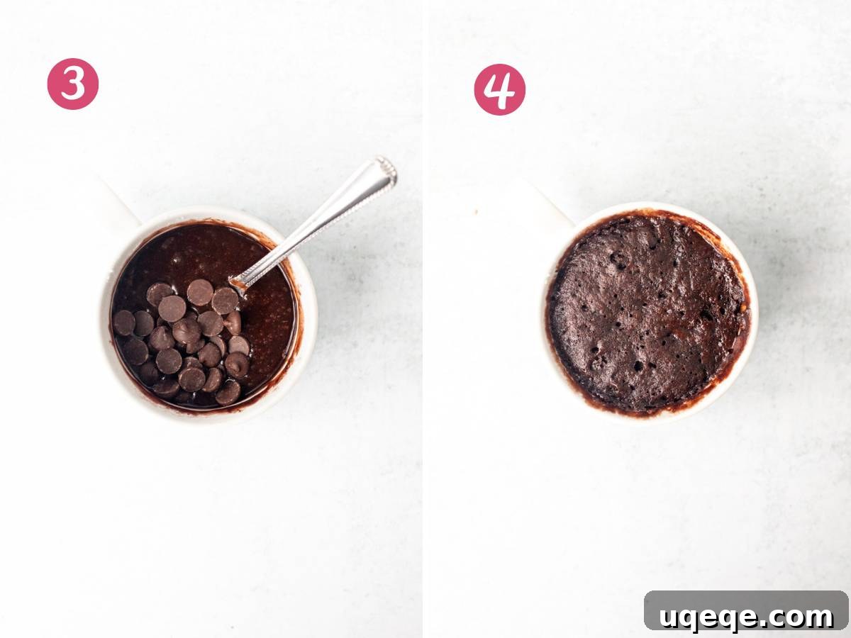 Fudgy Chocolate Mug Treat 4 First image shows unbaked chocolate mug cake batter with chocolate chips. Second image shows a perfectly baked chocolate mug cake, golden on top.