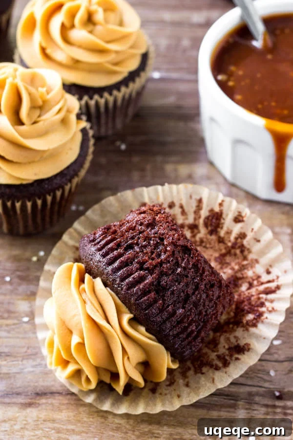 Decadent Chocolate Caramel Cupcakes 6 Beautifully frosted chocolate caramel cupcakes, topped with luscious buttercream and a delicate caramel drizzle.