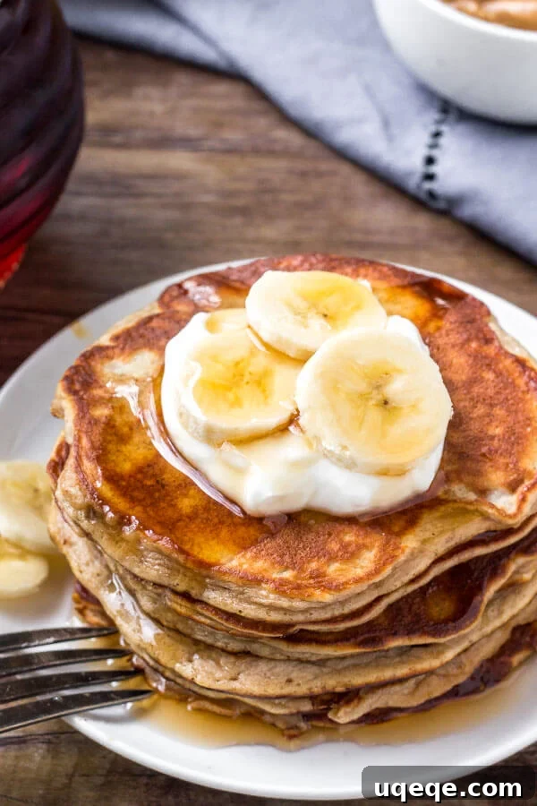 Quick Peanut Butter Banana Pancakes 3 A stack of these peanut butter banana pancakes is a delicious, healthy breakfast.