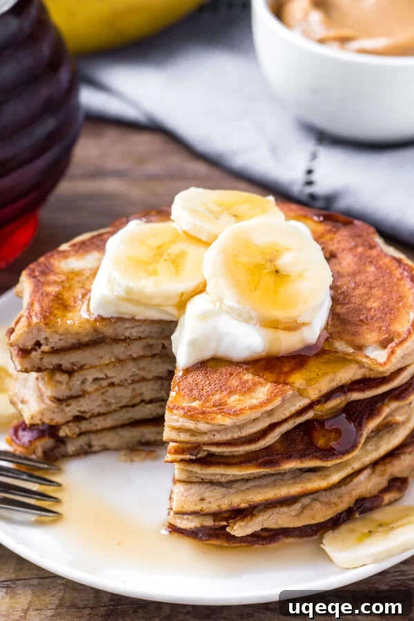 Quick Peanut Butter Banana Pancakes 5 These delicious peanut butter banana pancakes are filled with protein and are so easy to make.
